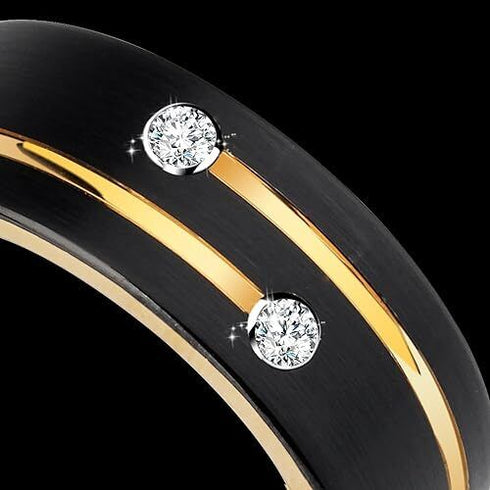 Men's 8mm Tungsten Black Gold Groove Line CZ Comfort-Fit Wedding Band